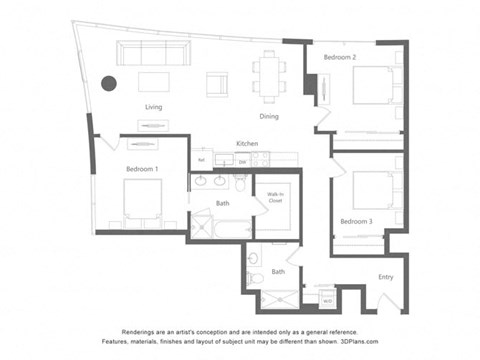 Floor plan for 2 beds, 2 baths, 1282 sqft